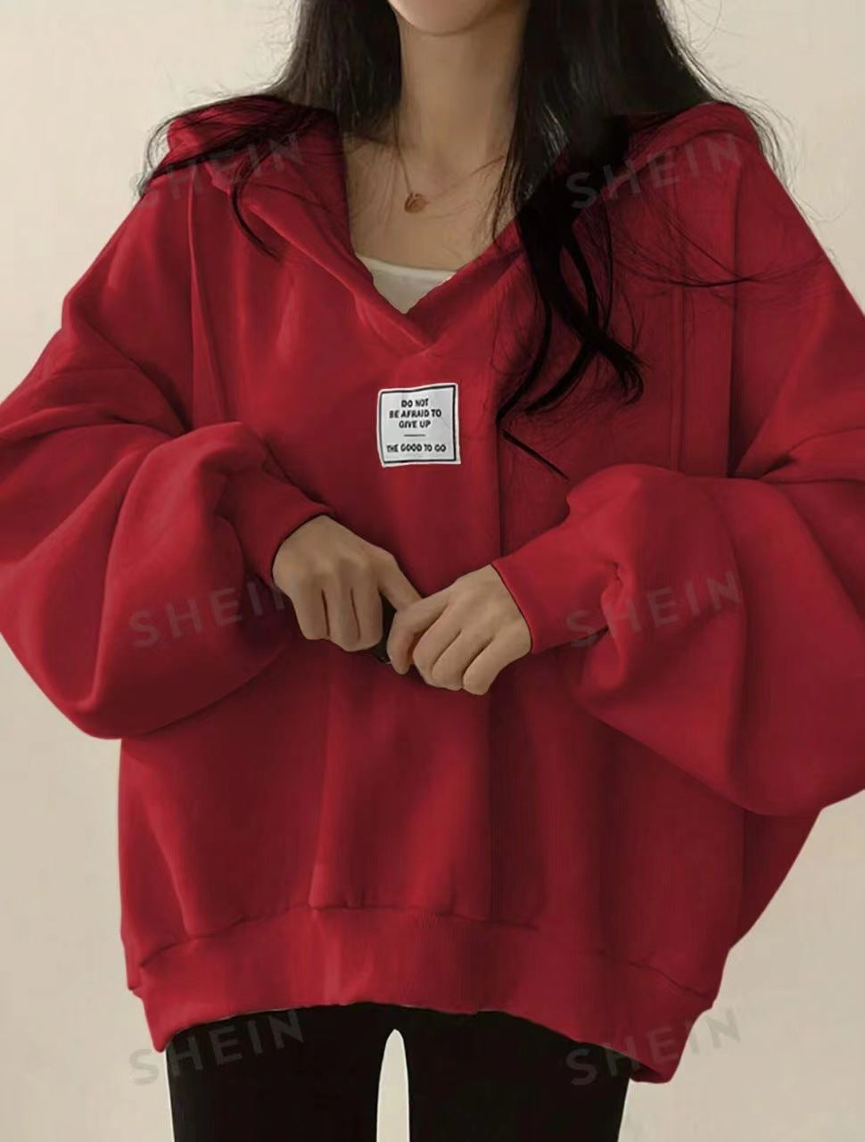 Womens Loose-fitting Versatile Hooded V-neck Sweatshirt