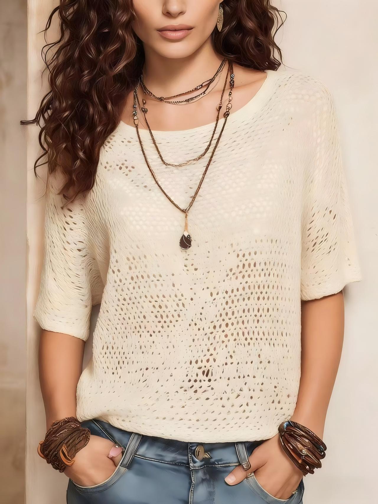 Womens Short-sleeve Knitted Openwork Beach Tunic