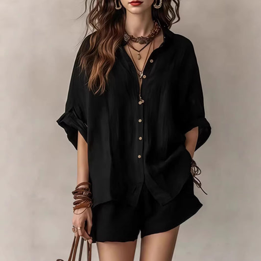 Womens Casual Two-Piece Set Shirt Shorts