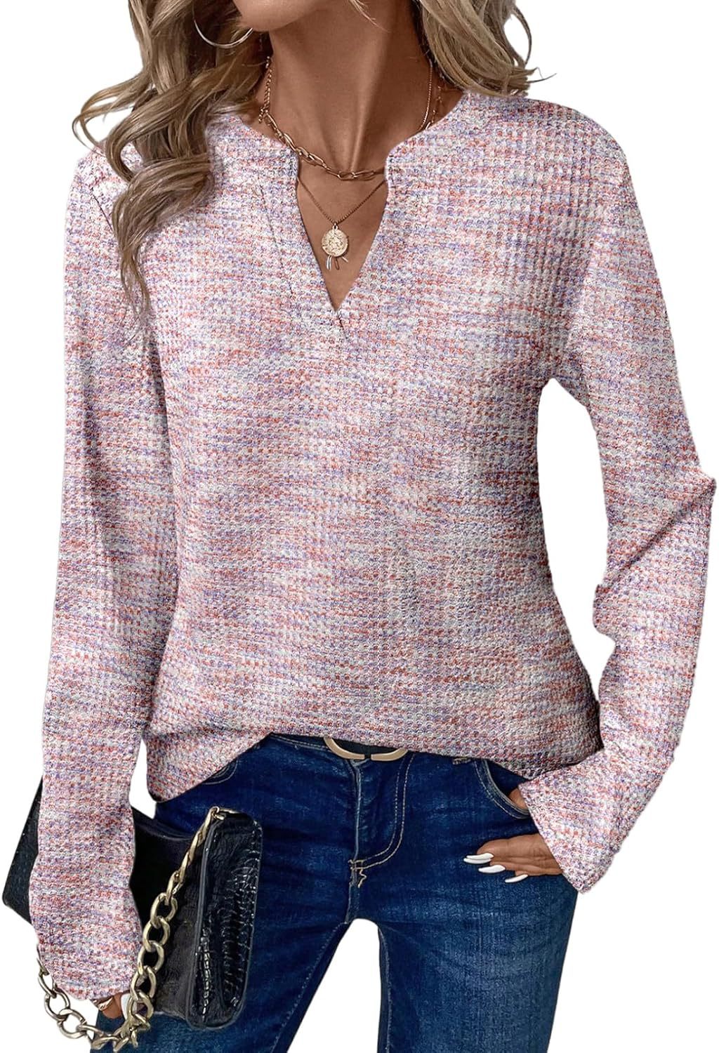 Womens V-neck Pullover Long-sleeve Top