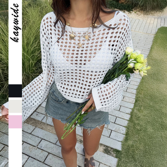 Womens Solid-Color Casual Fashion Hollow Long-Sleeve Top