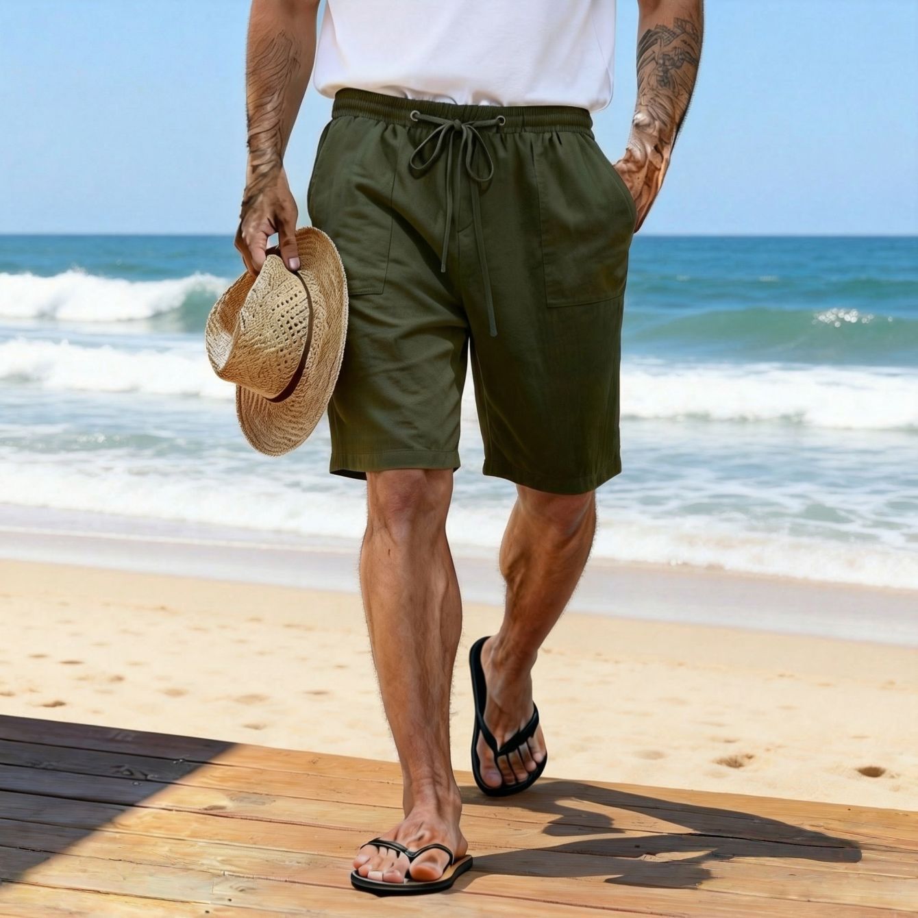 Solid-color Cotton-linen Shorts With A Drawstring