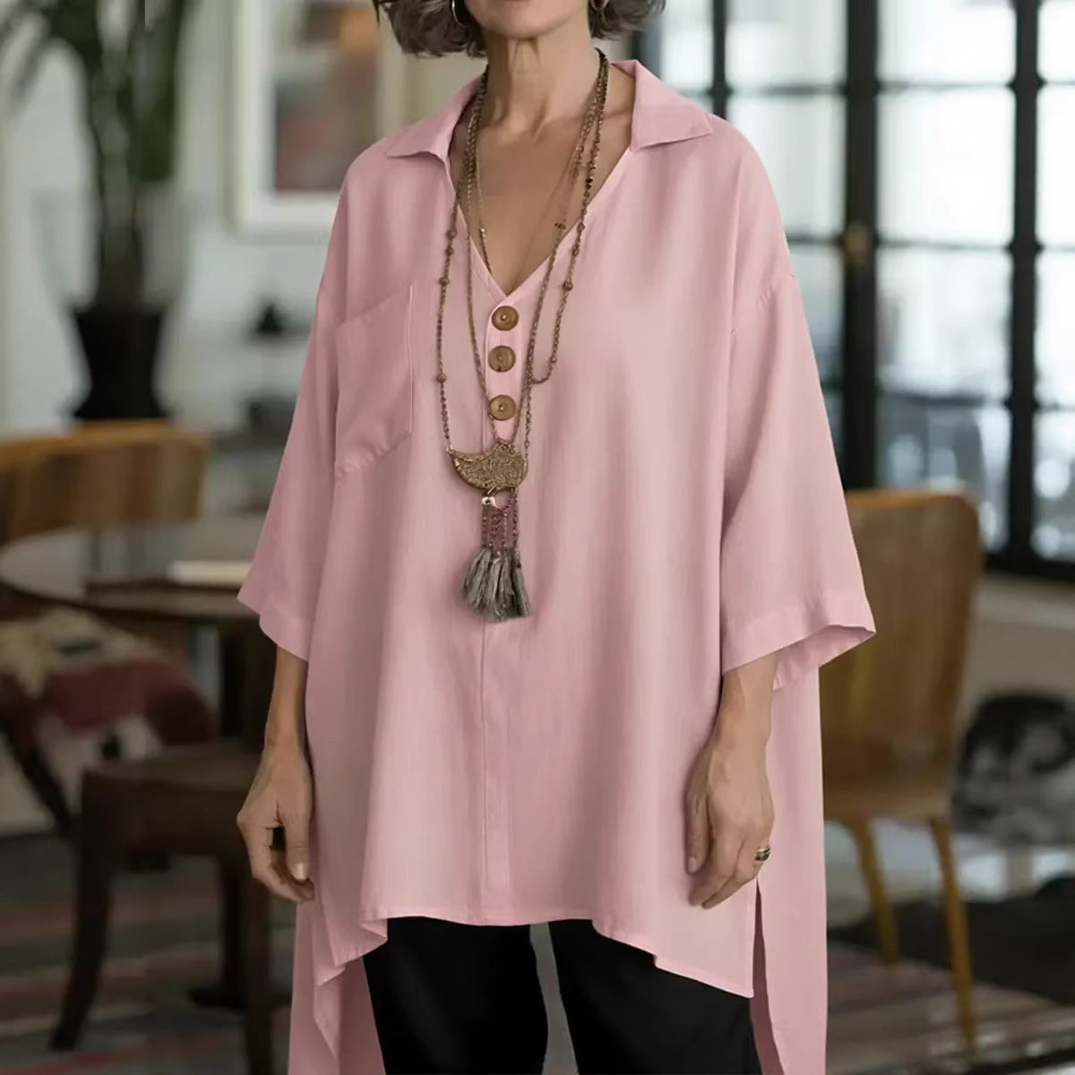 Loose-fit Cotton-linen Top With Buttons For Women