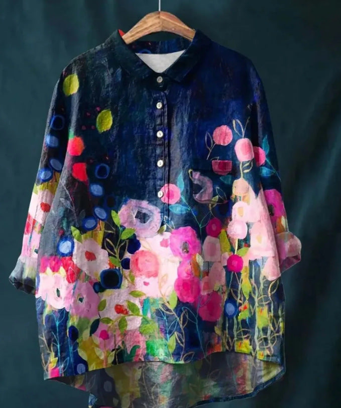 Womens Summer Loose-Fit Printed Lapel Casual European-Size Shirt