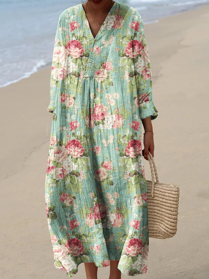 Resort Style Printed Long Sleeve For Women Loose Fitting V Neck Maxi Dress