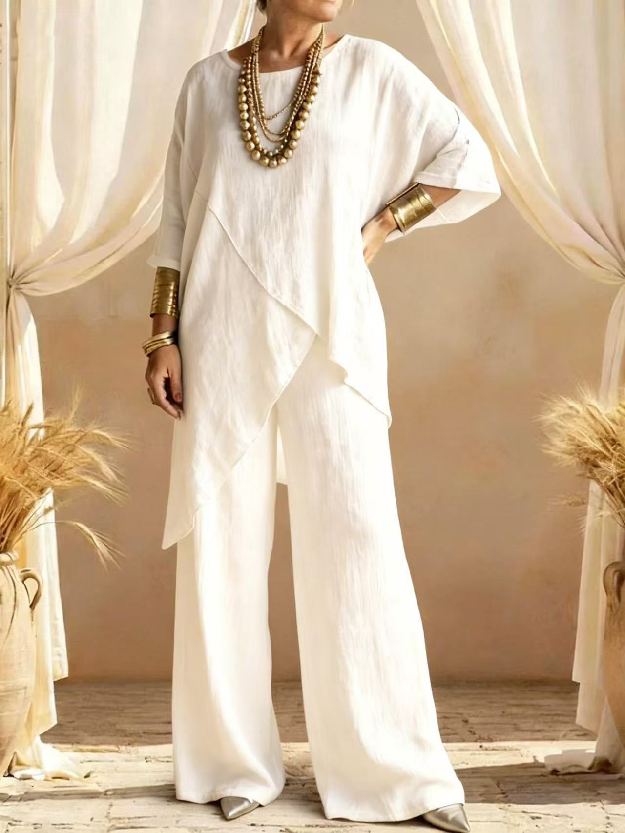 Womens Cotton-linen Crew-neck Loose Casual Two-piece Set