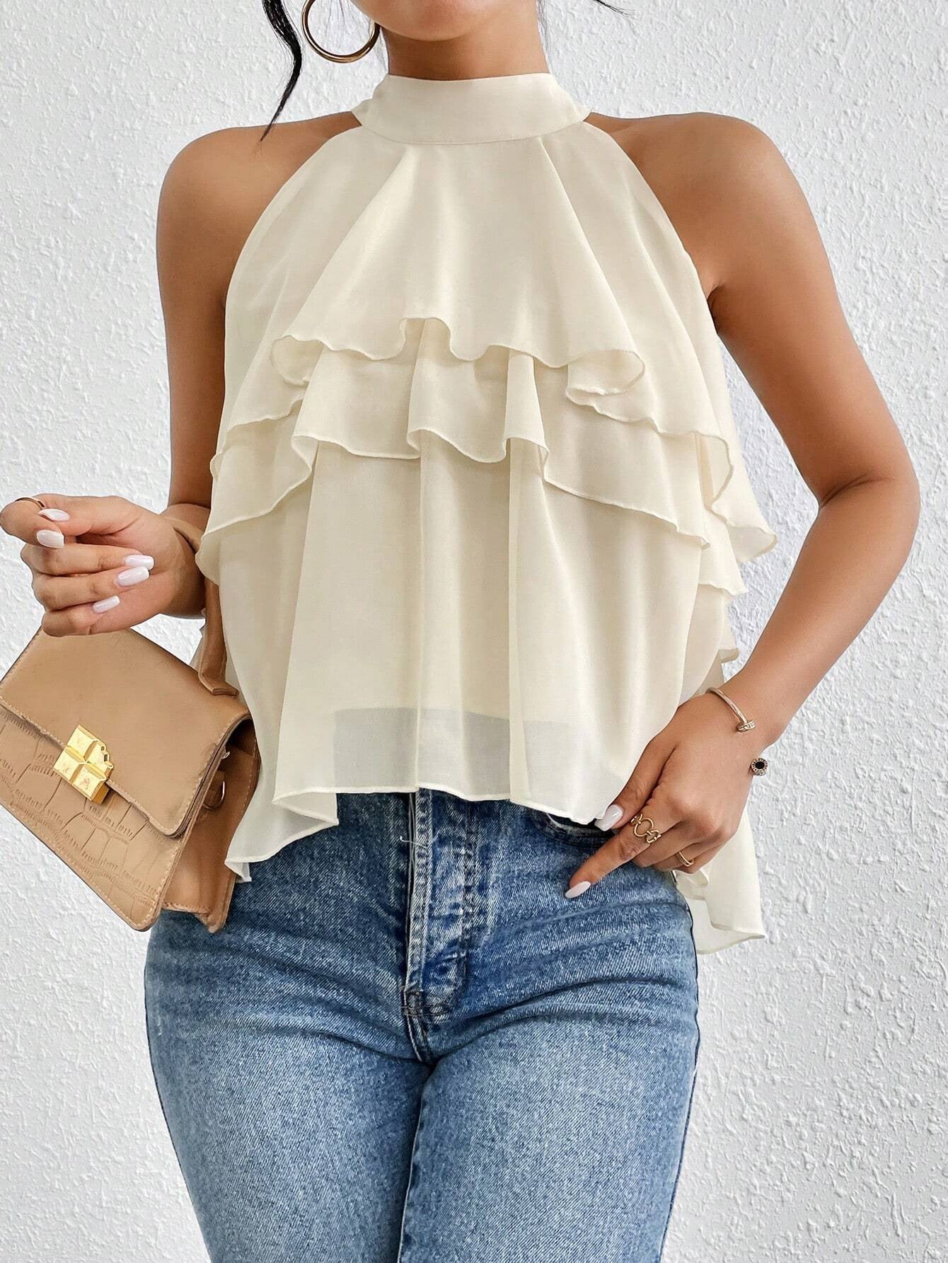 Women's Versatile Solid-color Halter-neck Sleeveless Top With An Irregular Ruffled Hem