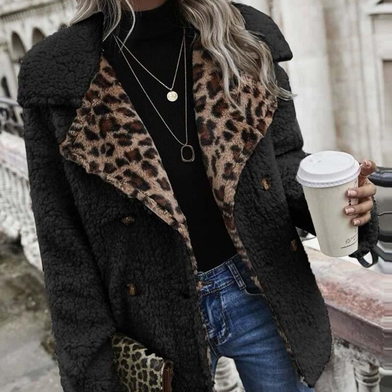 Women's Clothing Leopard Splicing Plush Long Sleeve Coat