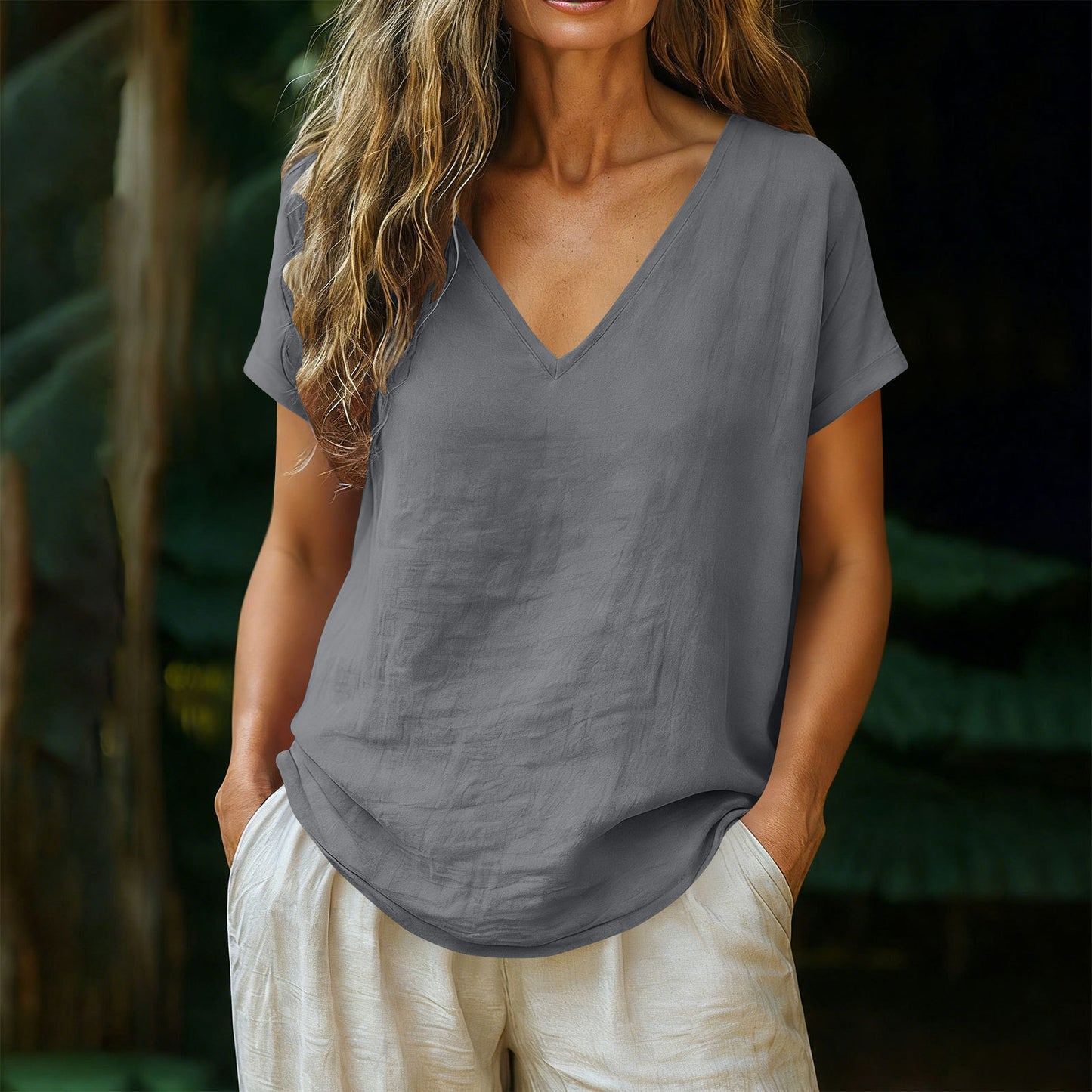 Women's Cotton-Linen Short-Sleeve V-Neck Pullover Top