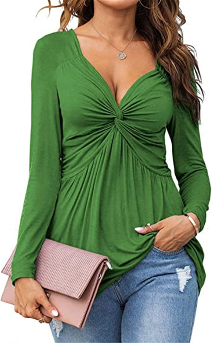 Womens V-neck Front-tie Blouse With Long Sleeves And A Pullover Design
