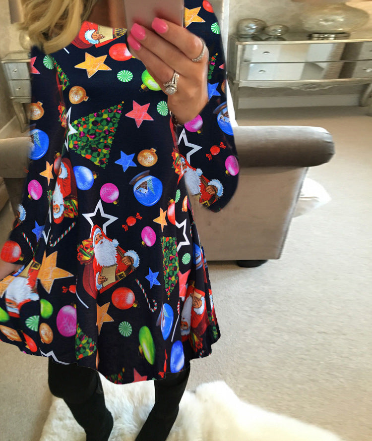 Christmas Dress Elderly Snowflake Print Long-sleeved Skirt
