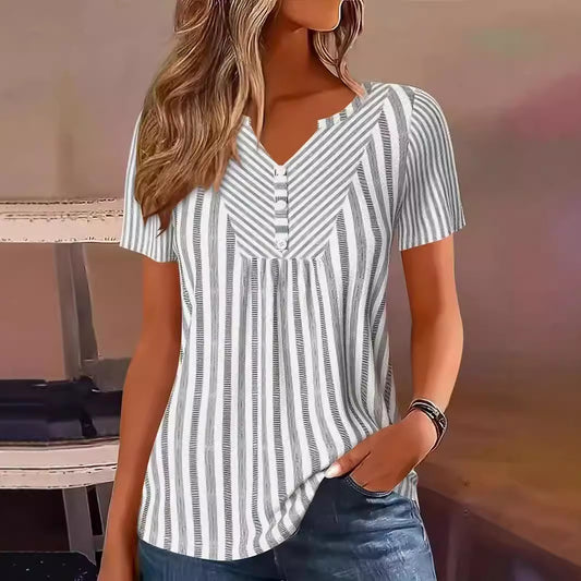 Womens V-neck Striped Patchwork Blouse