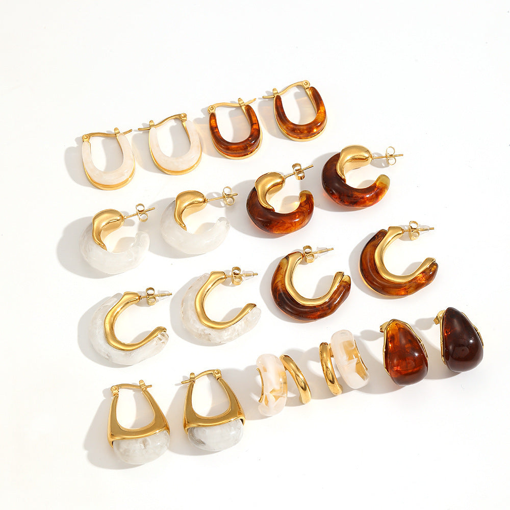 Mild Luxury Retro Resin Stainless Steel Earrings Women's High-grade Amber 18K Gold Plated Ear Clip