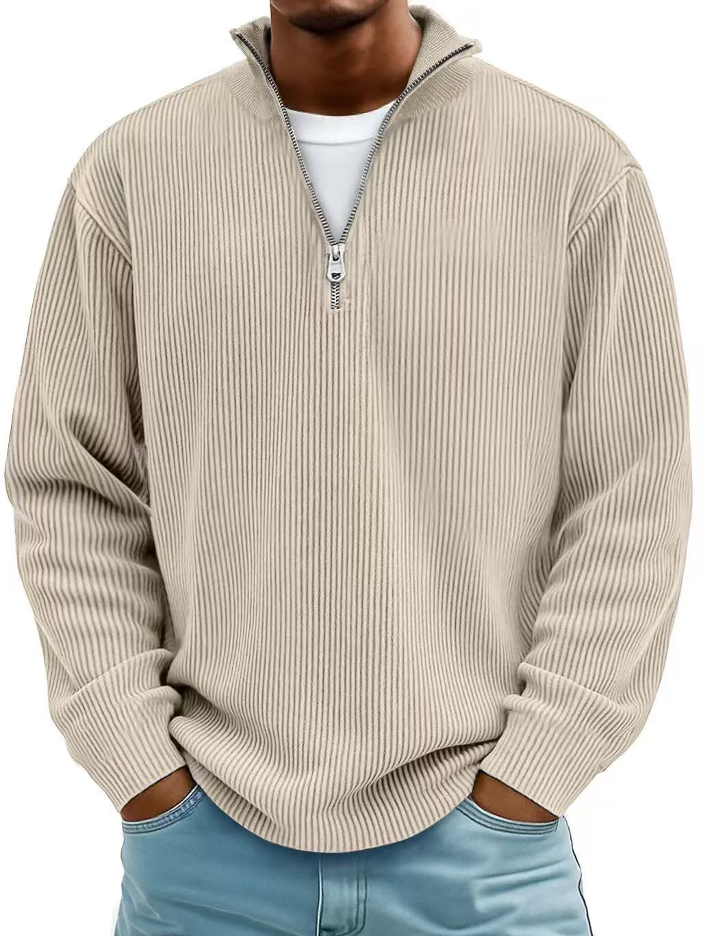 Corduroy Zipper Stand Collar Sweatshirt Fashion Warm Solid Color Long Sleeve Top Men's Casual Polo Shirt Clothing
