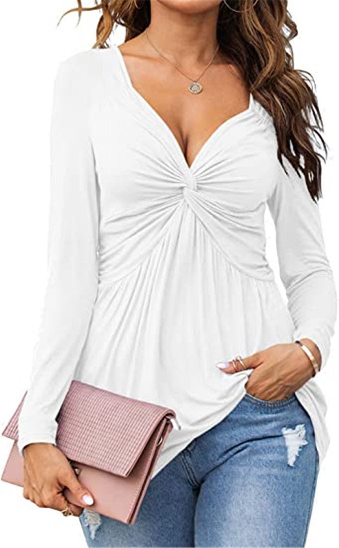 Womens V-neck Front-tie Blouse With Long Sleeves And A Pullover Design