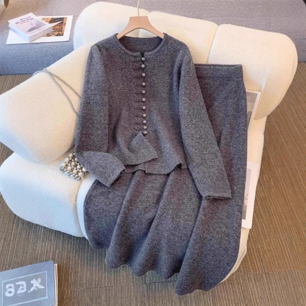Women's Fashion Chinese Style Solid Color High Sense Sweater Mid-length Dress Set