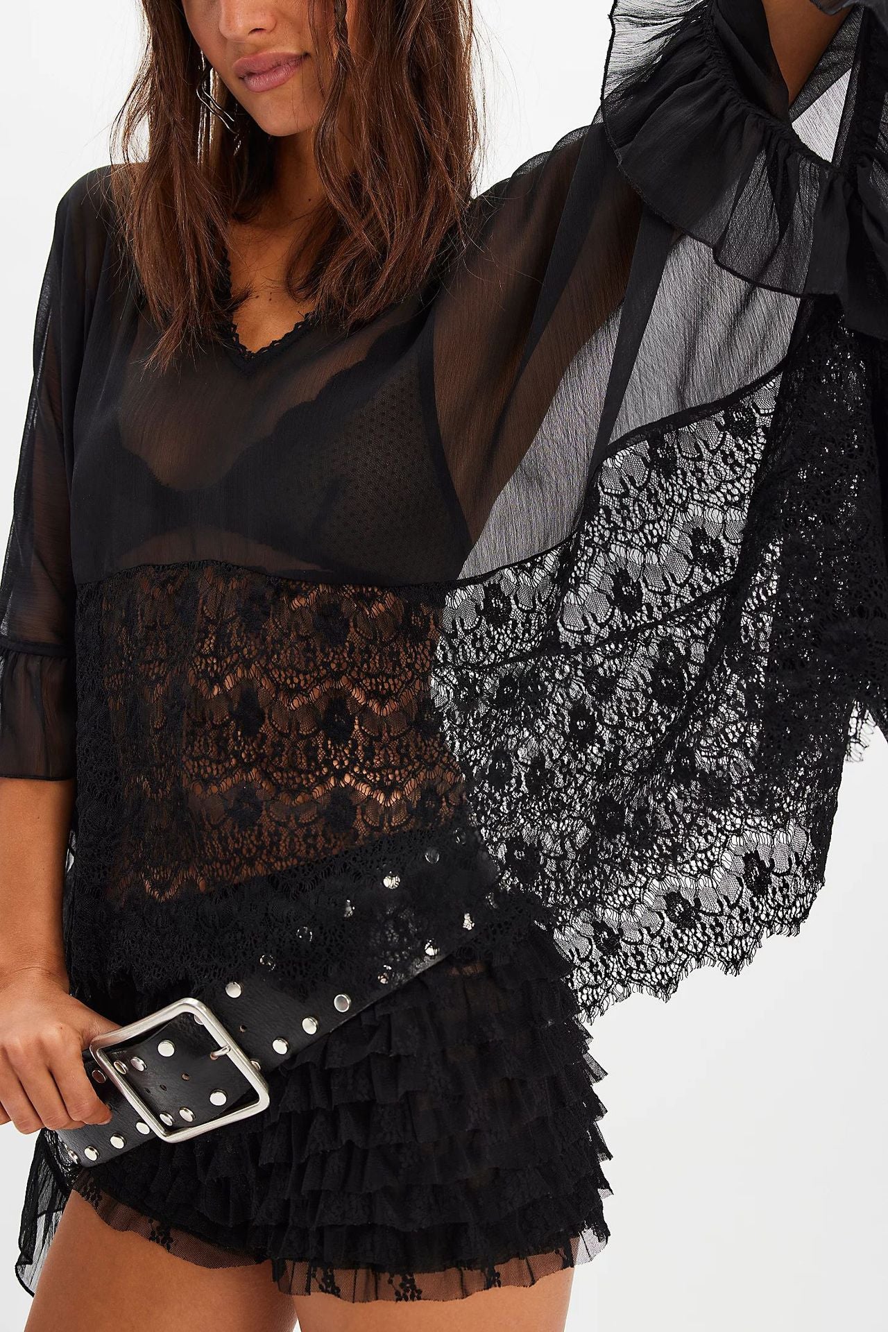 Womens Mesh Blouse With Batwing Sleeves Loose-Fit Beach Sun-Protective Top Patchwork Lace Blouse