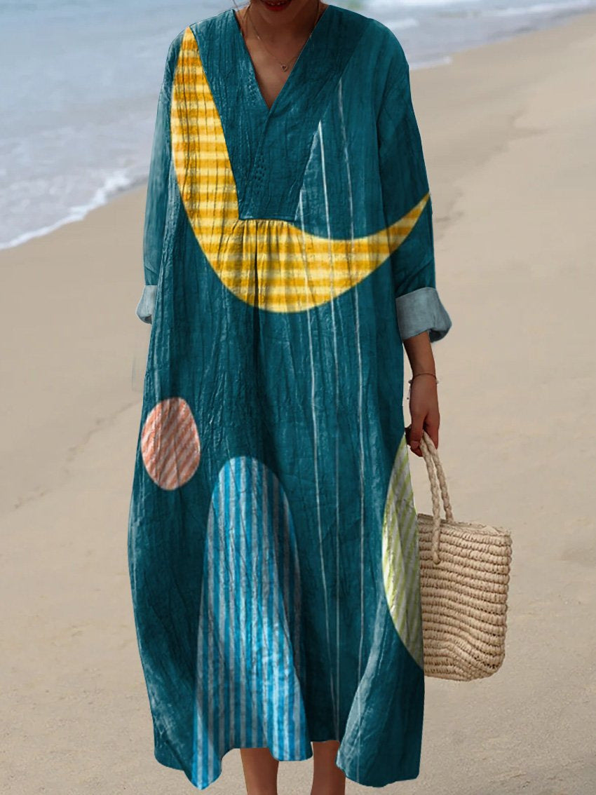 Resort Style Printed Long Sleeve For Women Loose Fitting V Neck Maxi Dress