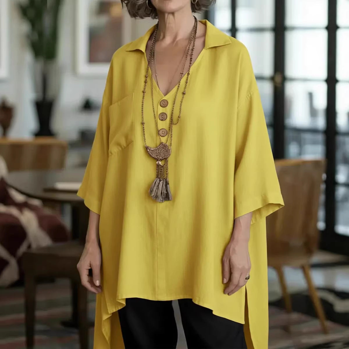 Loose-fit Cotton-linen Top With Buttons For Women