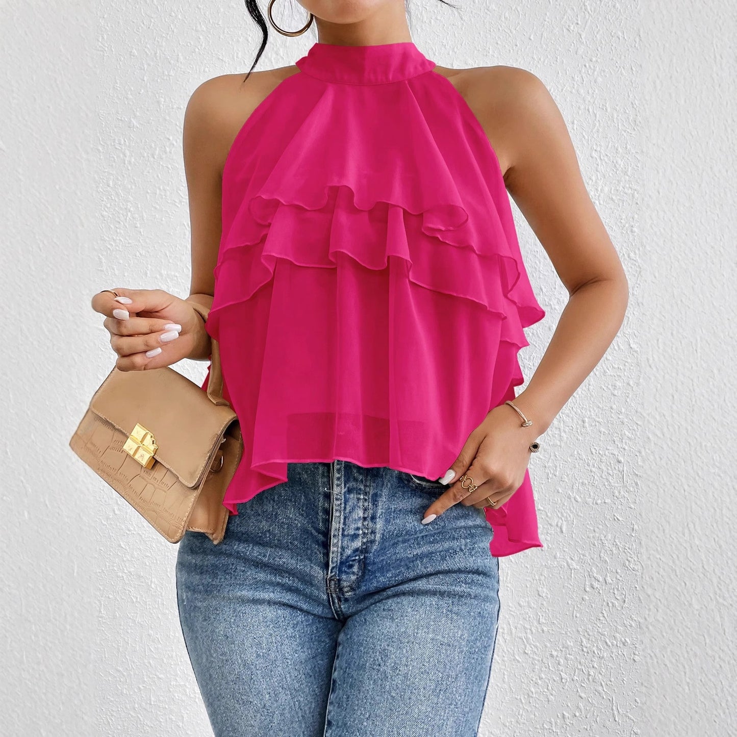 Women's Versatile Solid-color Halter-neck Sleeveless Top With An Irregular Ruffled Hem
