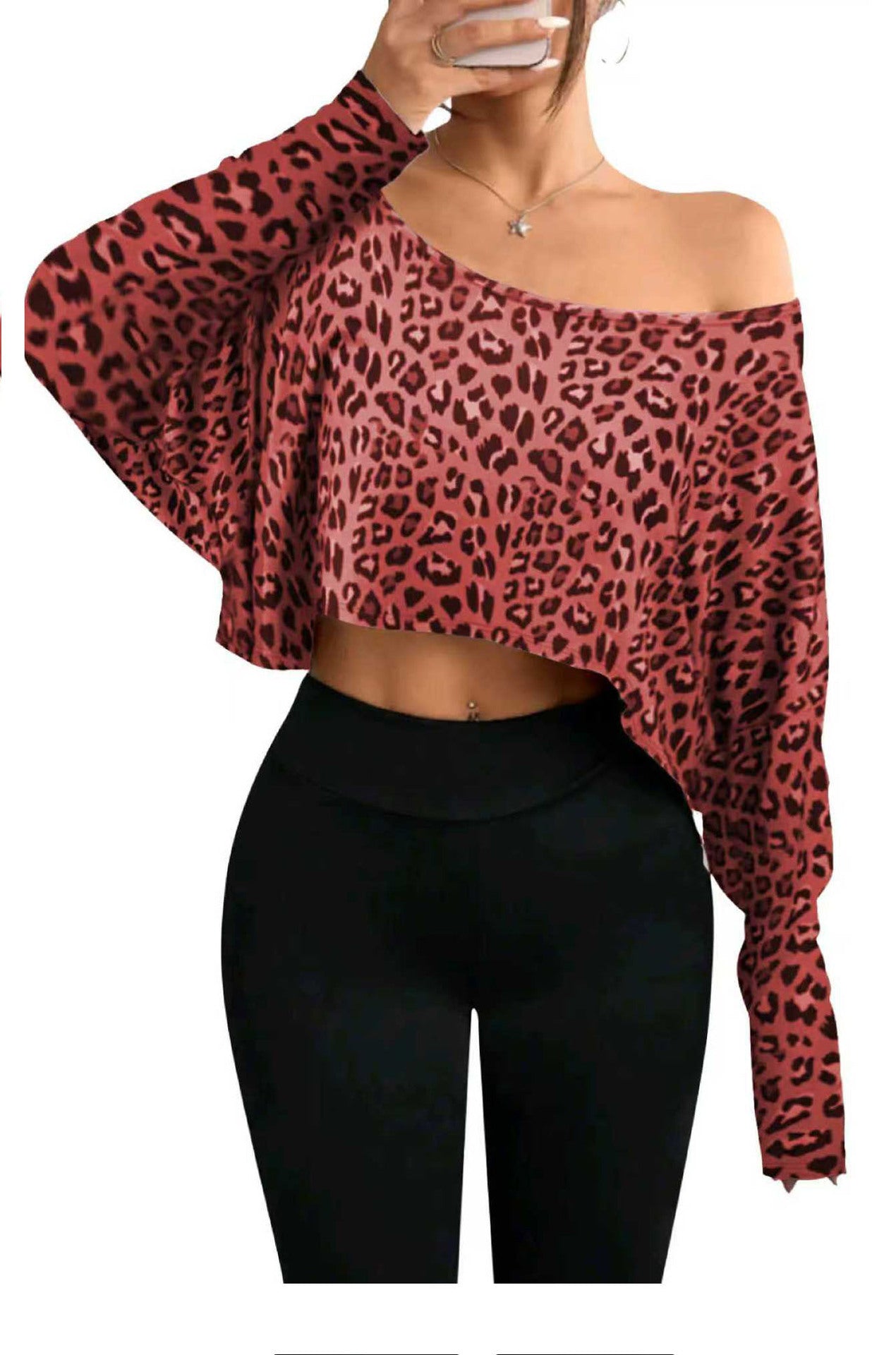 Women's Fashionable And Elegant Off-shoulder Leopard-print Top