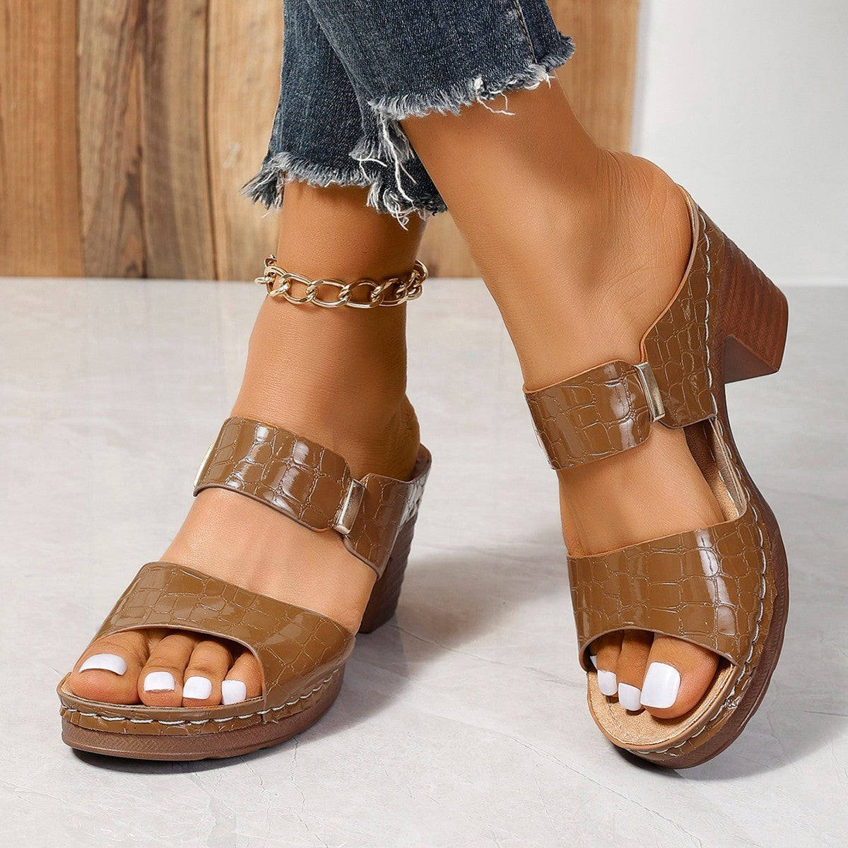 Plus Size Wedge Peep-toe Slippers Stone Pattern
