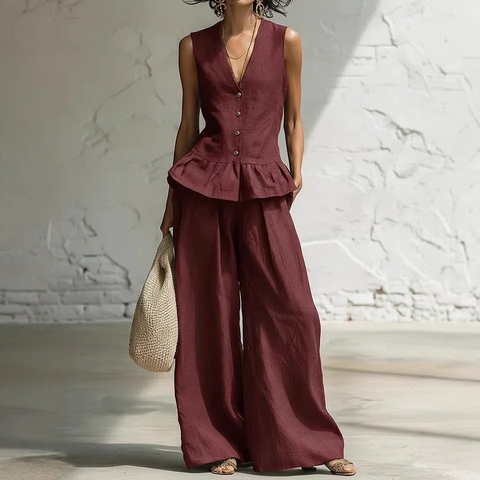 Retro Bohemian Style Ruffled Cotton-Linen Two-Piece Set