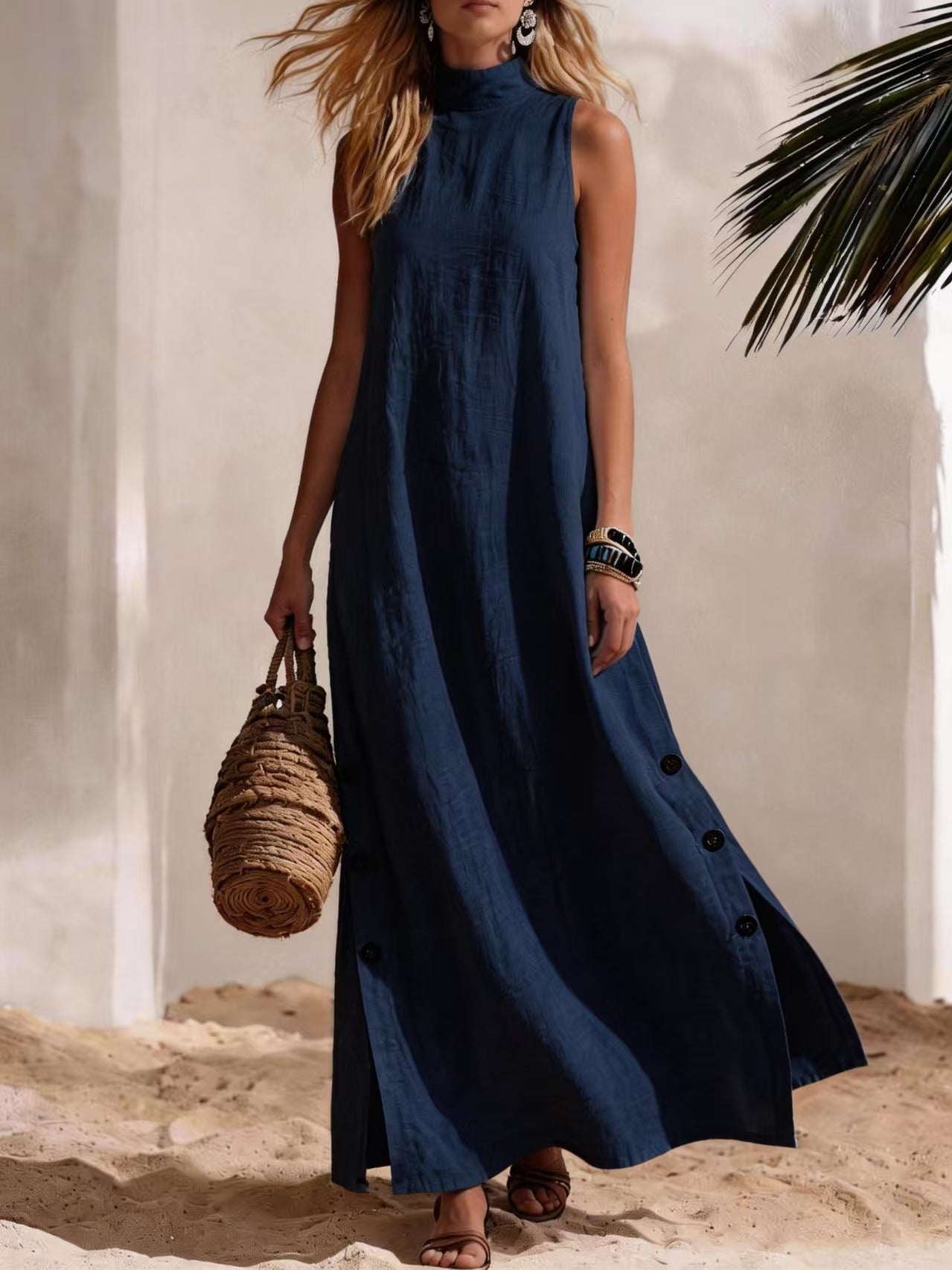 Casual Solid-Colored Cotton-Linen Sleeveless Mid-Length Dress With Side Slits