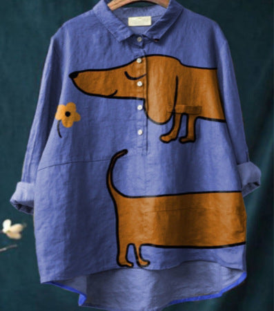 Womens Summer Loose-Fit Printed Lapel Casual European-Size Shirt