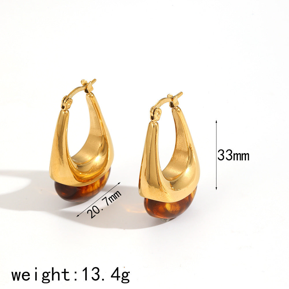 Mild Luxury Retro Resin Stainless Steel Earrings Women's High-grade Amber 18K Gold Plated Ear Clip
