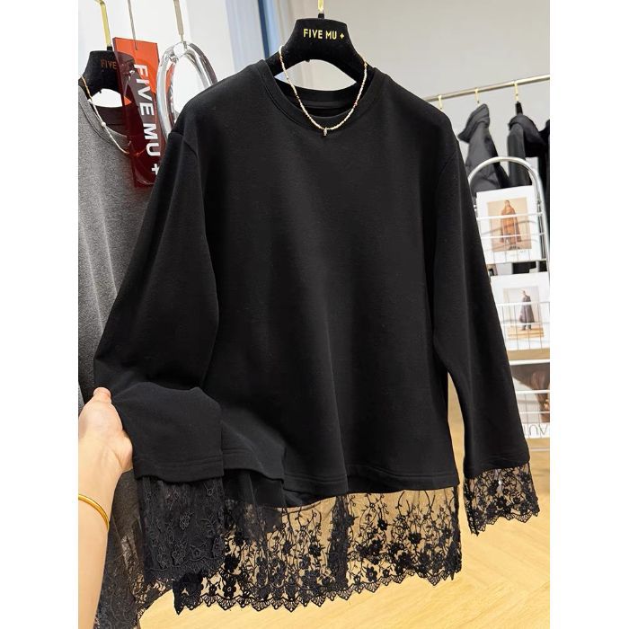 Lace-sleeved Long-sleeve T-shirt Loose-fitting Plus-size Mid-length Base Layer With Brushed Fabric