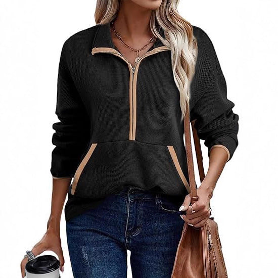 Women's Half-Zip Pullover Hoodie Lapel Pocket Jacket