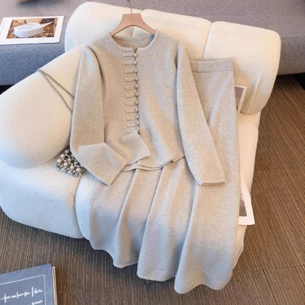 Women's Fashion Chinese Style Solid Color High Sense Sweater Mid-length Dress Set