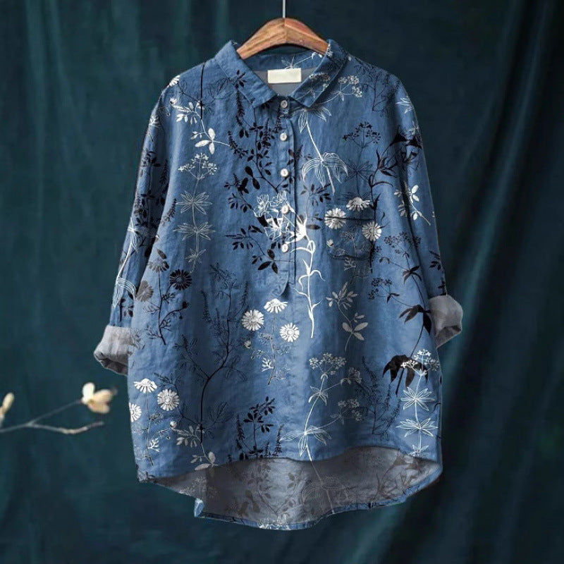 Womens Summer Loose-Fit Printed Lapel Casual European-Size Shirt