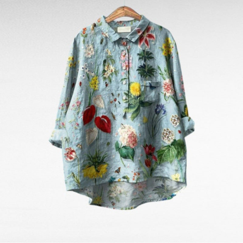 Womens Summer Loose-Fit Printed Lapel Casual European-Size Shirt