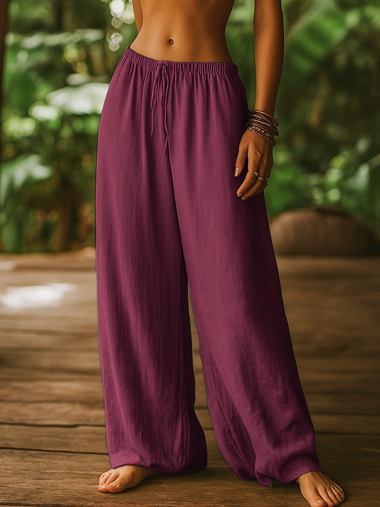 Women's Cotton And Linen Loose Pure Color Elastic Waist Pocket Straight Casual Pants