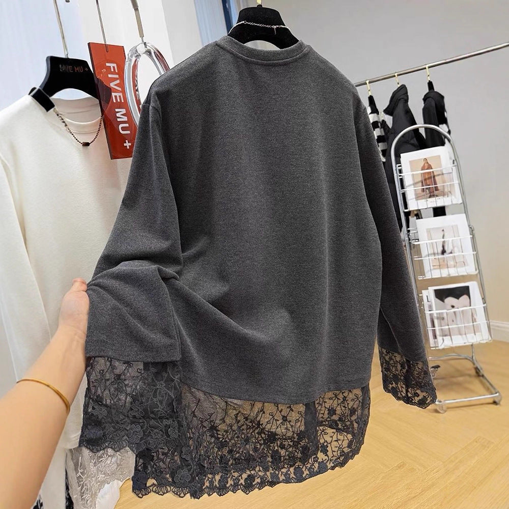 Lace-sleeved Long-sleeve T-shirt Loose-fitting Plus-size Mid-length Base Layer With Brushed Fabric