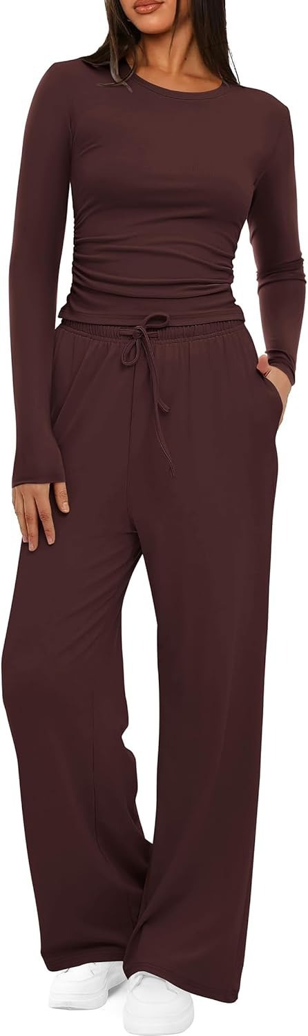 Womens Solid-Color Casual Top And Pants Set