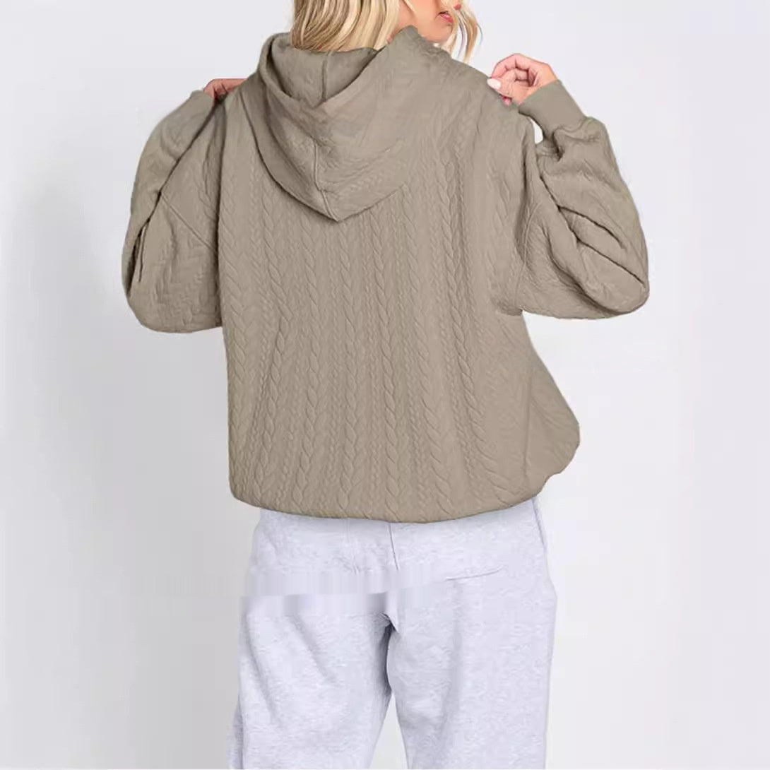 Women's Solid Color Casual Hoodie With Cable Knit Texture
