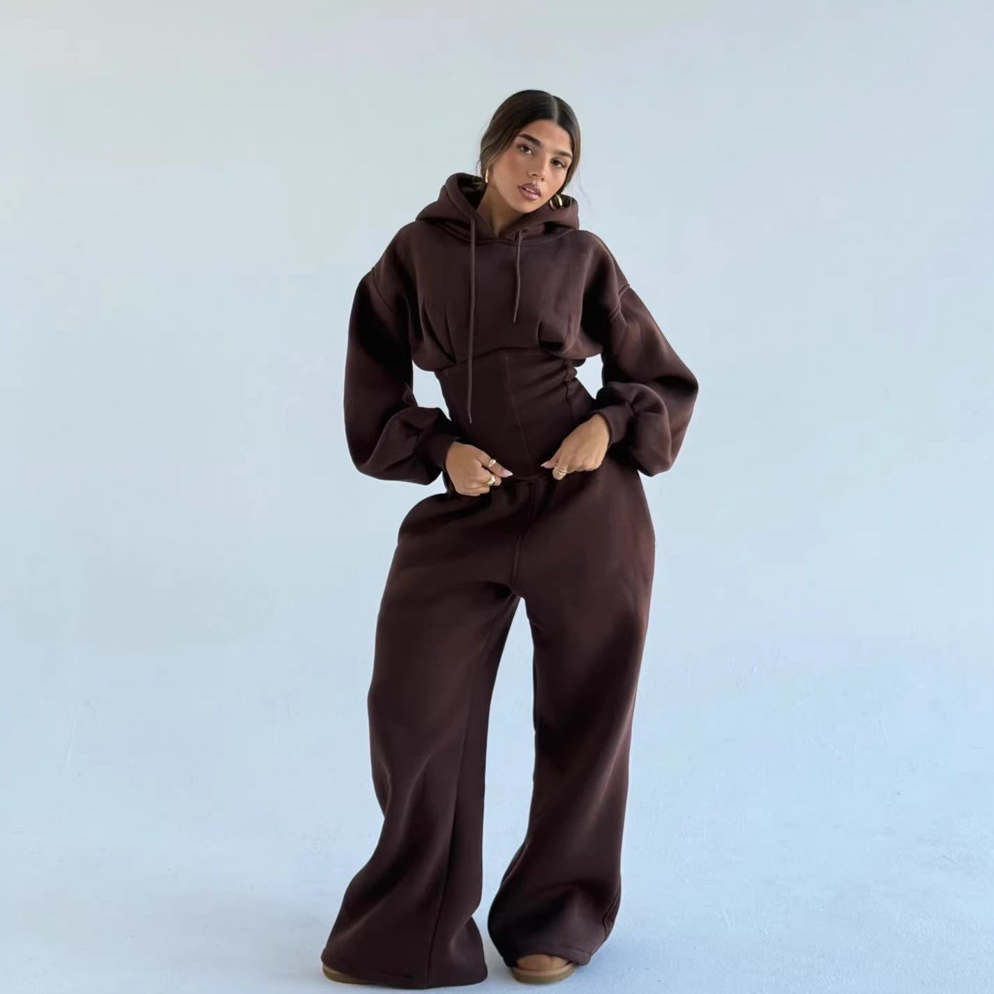 Waist Drawstring Hooded Top And Pants Two-piece Set