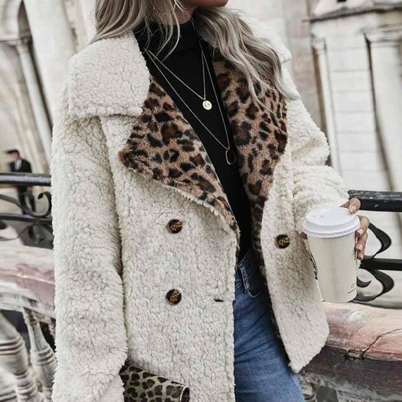 Women's Clothing Leopard Splicing Plush Long Sleeve Coat