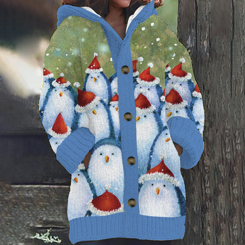 Women's Faux Wool Sweater Loosefit Jacquard Hooded Jacket