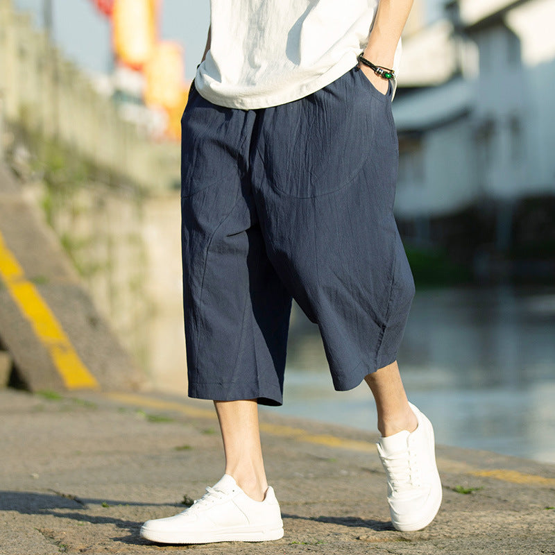 Linen Cropped Pants Mens Summer Thin Loose Plus Size