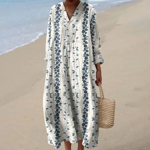 Resort Style Printed Long Sleeve For Women Loose Fitting V Neck Maxi Dress