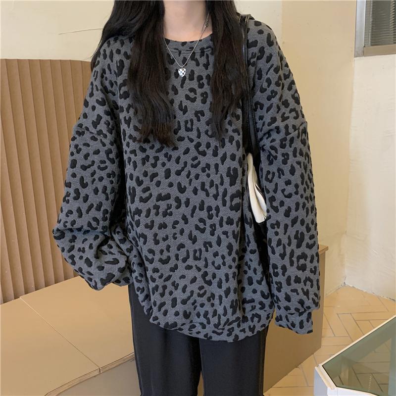 Women's Leopard-print Crewneck Fleece-lined Hoodie