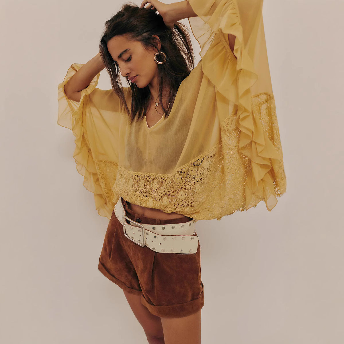 Womens Mesh Blouse With Batwing Sleeves Loose-Fit Beach Sun-Protective Top Patchwork Lace Blouse