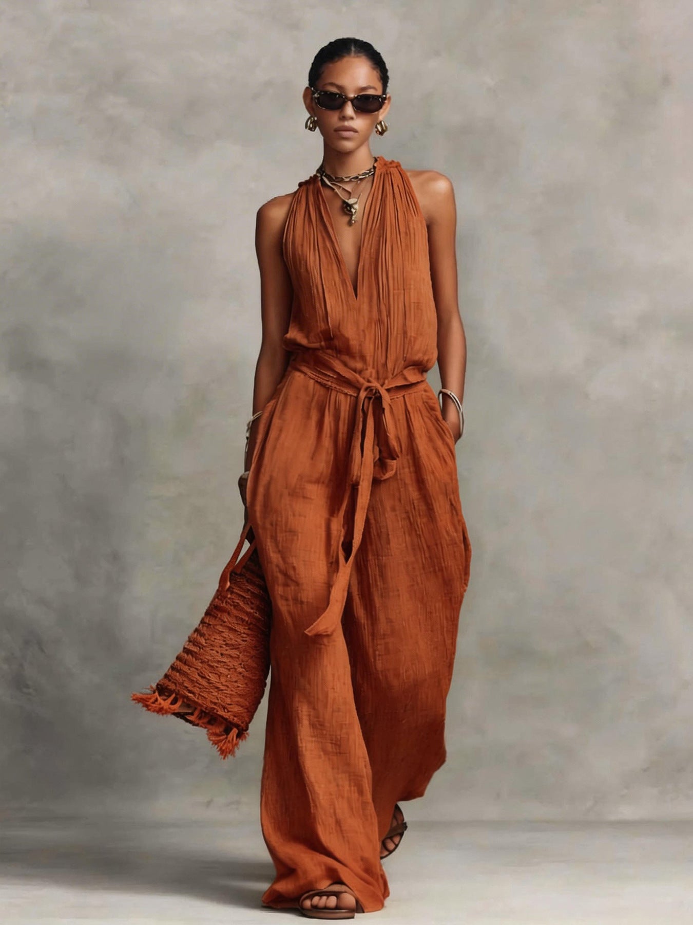 Casual Lace-up Sleeveless Cotton-blend Jumpsuit