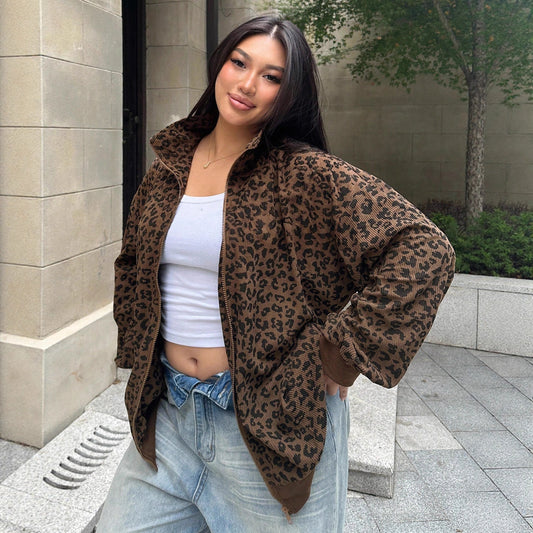 Casual Leopard Print Corduroy Zip-up Long Sleeve Sweatshirt For Women
