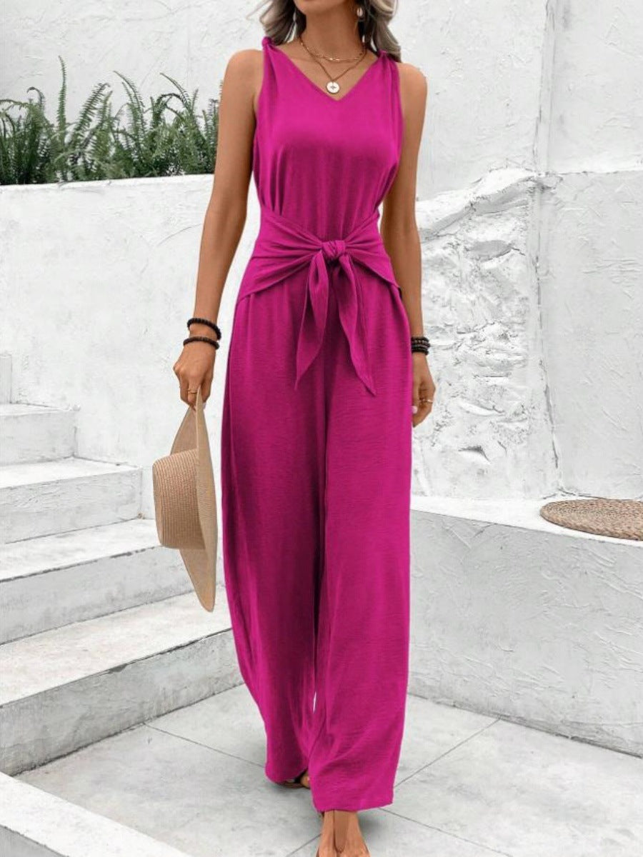 Womens V-neck Sleeveless Wide-leg Jumpsuit