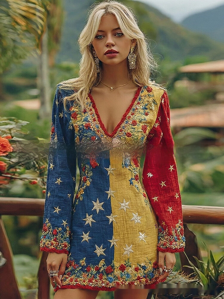 Womens Retro Bohemian Rose-Embroidered Linen Loose V-Neck Short Skirt